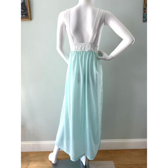 1970s Vintage Aqua Blue Lace Trim Maxi Nightgown Lingerie Dress size 38 M/L - Picture 2 of 9